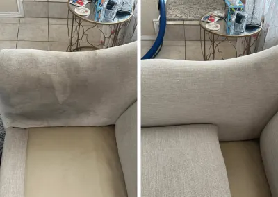 Before and after upholstery cleaning on a fabric chair in a Calgary home