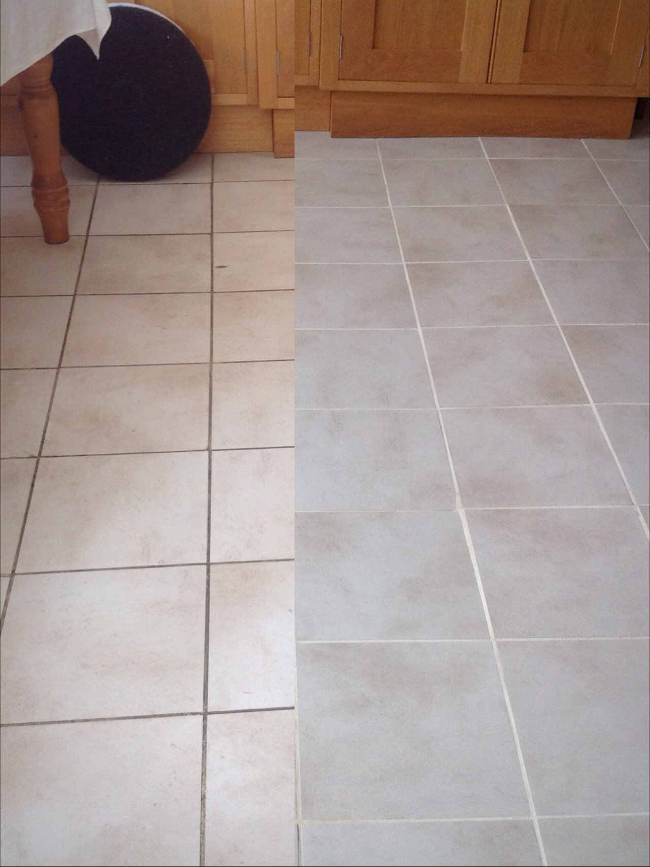 Before and after grout cleaning showing cleaner grout lines